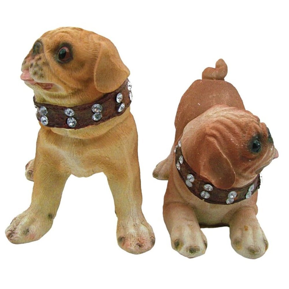 Set of 2 Pug Dogs Figurines Jeweled Collars Collectible Display Decorations 4x4"